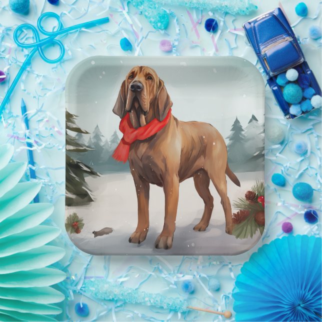 Bloodhound Dog in Snow Christmas Paper Plate (Party)