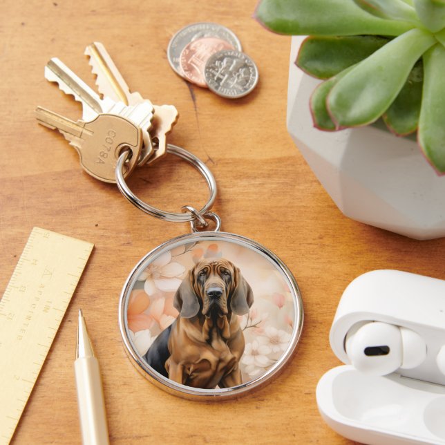 Bloodhound Dog Lover and Peach Blossoms Key Ring (Desk)