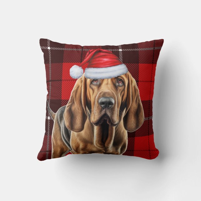 Bloodhound Dog Red Holiday Plaid Christmas Cushion (Back)