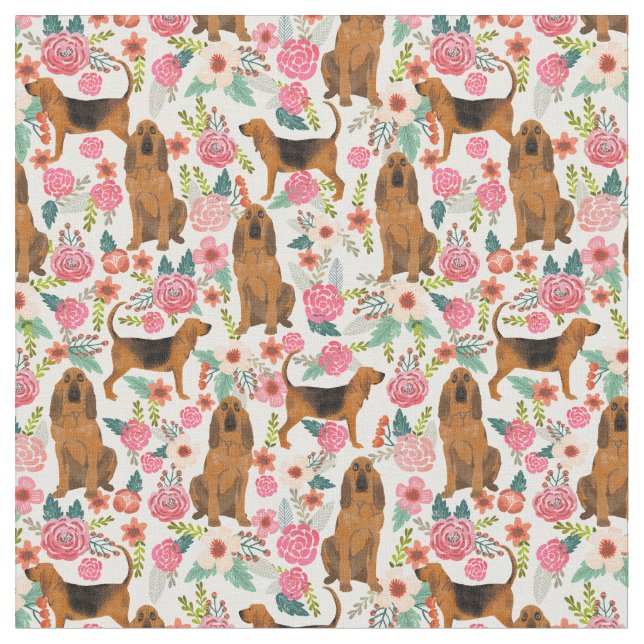 Bloodhound dog vintage florals cream fabric (Close Up)