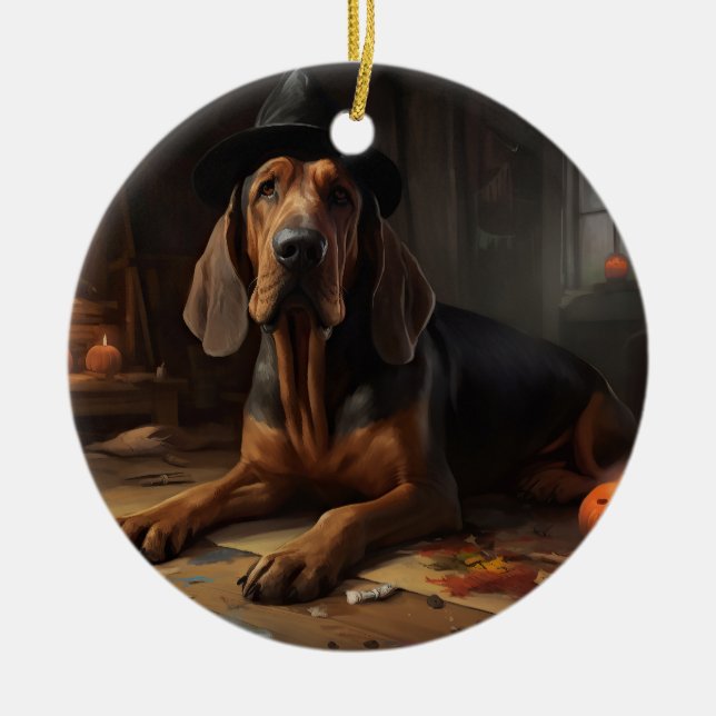 Bloodhound Pumpkins Halloween Scary  Ceramic Ornament (Front)