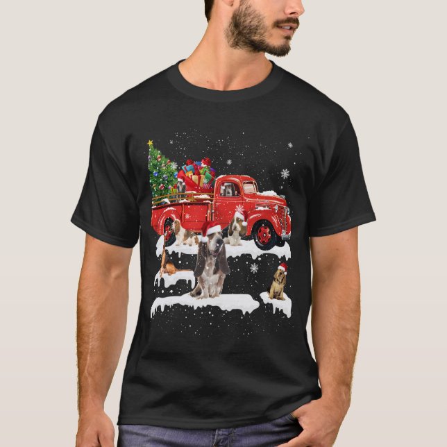 Bloodhound Riding Red Truck Merry Christmas X-mas  T-Shirt (Front)