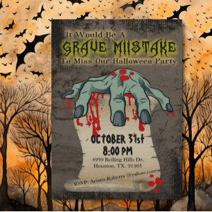 Bloody Hand Grave Mistake Halloween Invitation