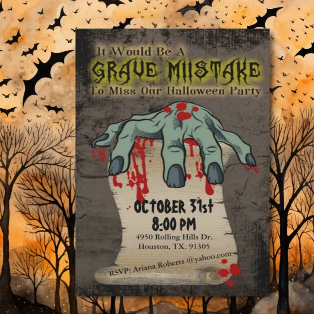Bloody Hand Grave Mistake Halloween Invitation (Creator Uploaded)