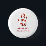 Bloody Handprint Halloween Button<br><div class="desc">Bloody Handprint Halloween button. This bloody button is designed with a handprint dripping with blood on a white background that can be changed to any other colour you would prefer. Perfect for a Halloween Party,  Cocktail Party,  Spooktacular Dinner Party.</div>
