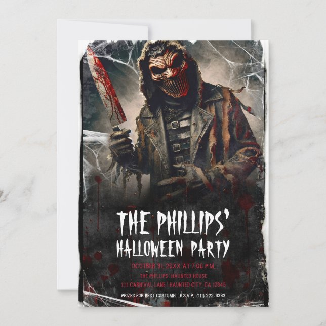 Bloody Knife & Scary Halloween Mask Party Invitation (Front)