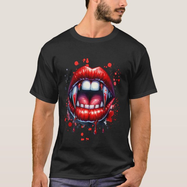 Bloody Teeth Vampire Fangs Red Lips Horror Hallowe T-Shirt (Front)