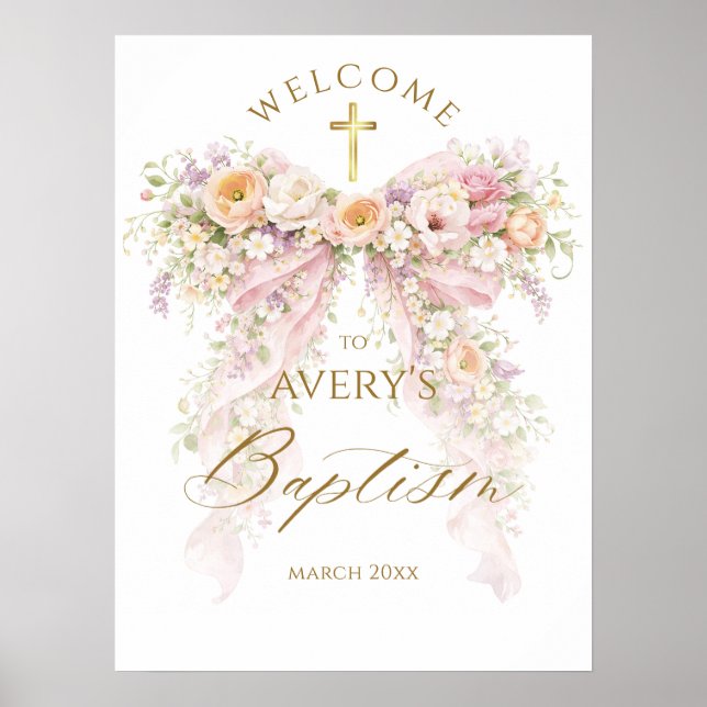 Bloom Floral Bow Girl Baptism Poster (Front)