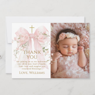 Bloom Floral Bow Girl Baptism Thank You Card
