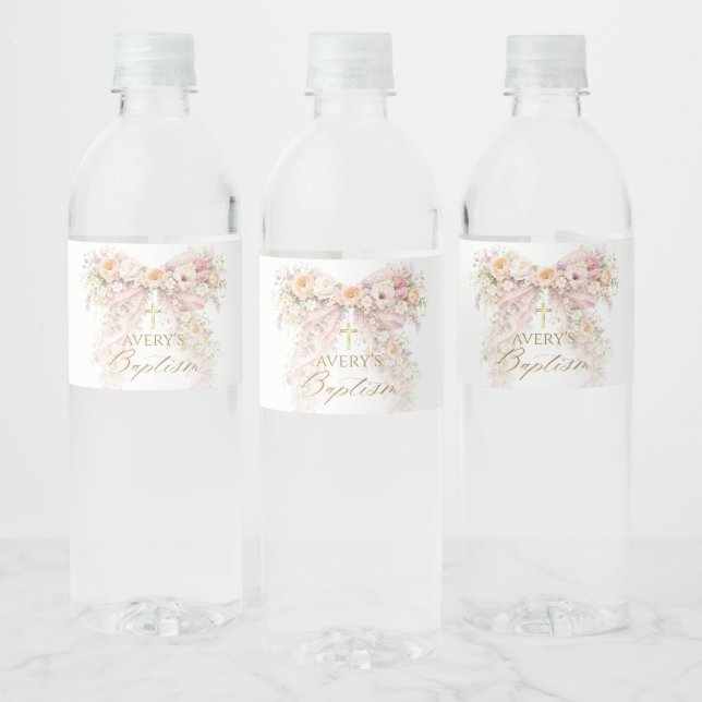 Bloom Floral Bow Girl Baptism Water Bottle Label (Bottles)