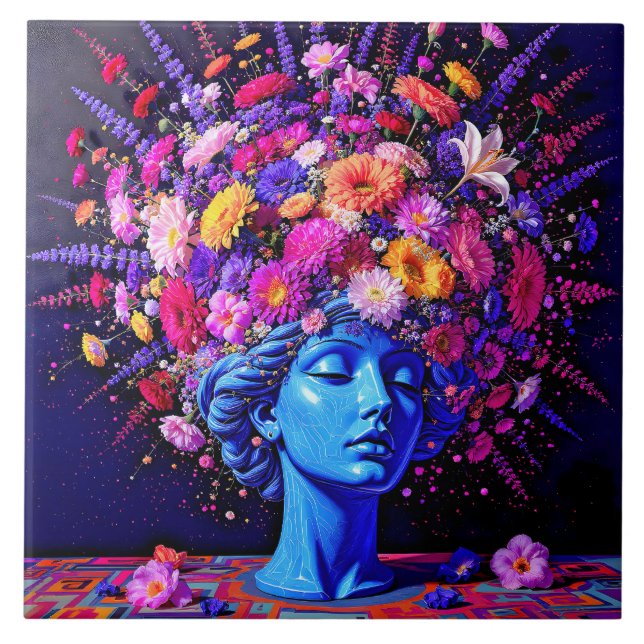 "Bloom of Eternity" – A Colourful Surreal Portrait Ceramic Tile (Front)