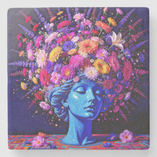 "Bloom of Eternity" – A Colourful Surreal Portrait Stone Coaster