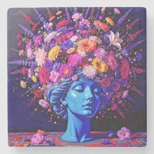 "Bloom of Eternity" – A Colourful Surreal Portrait Stone Coaster (Front)