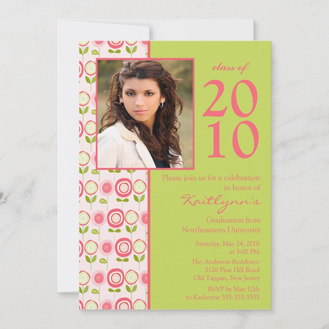 Bloom Pink Fowers Photo Graduation Invitation (Front)