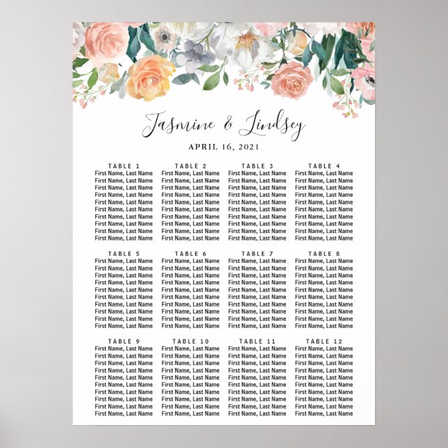 Bloom Roses Peonies Floral Wedding Seating Chart (Front)