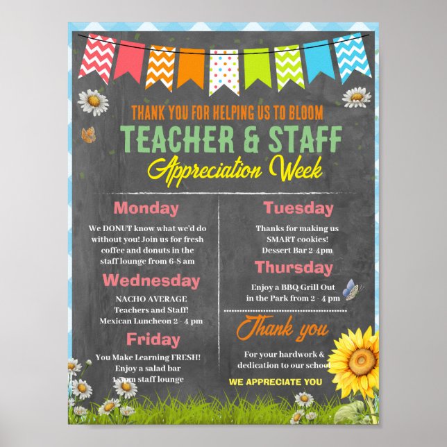Bloom Teacher Appreciation Week Itinerary Poster (Front)