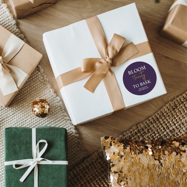 Bloom Twenty to Bask I Violet Adult Birthday Party Classic Round Sticker (Creator Uploaded)