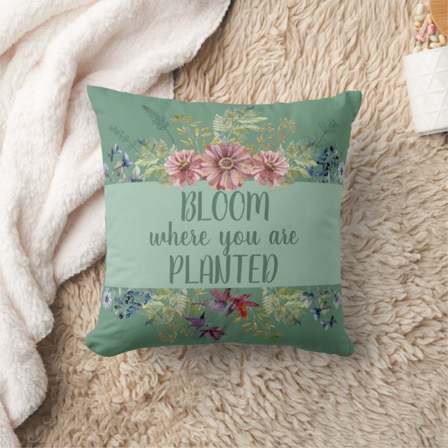 Bloom Where You are Planted Green Floral Cushion (Blanket)