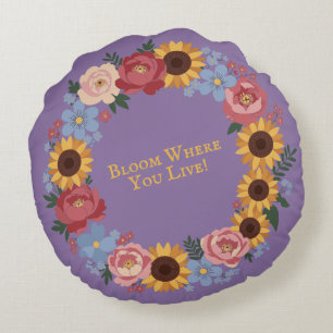 Bloom where you live - Floral Wreath Round Cushion
