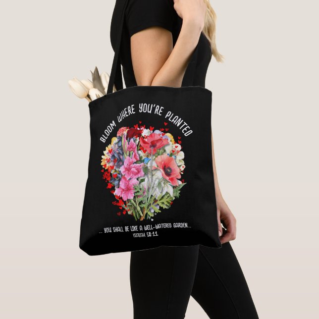 BLOOM WHERE YOU'RE PLANTED Christian Floral Tote Bag (Close Up)