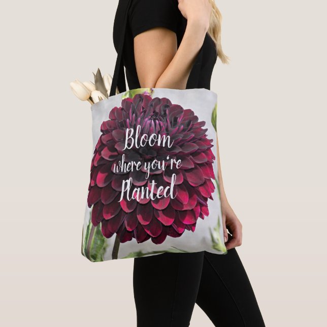 Bloom Where You're Planted Quote Red Dahlia Tote Bag (Close Up)