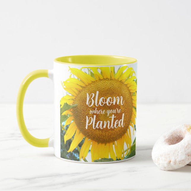 Bloom Where You're Planted Yellow Sunflower Mug (With Donut)
