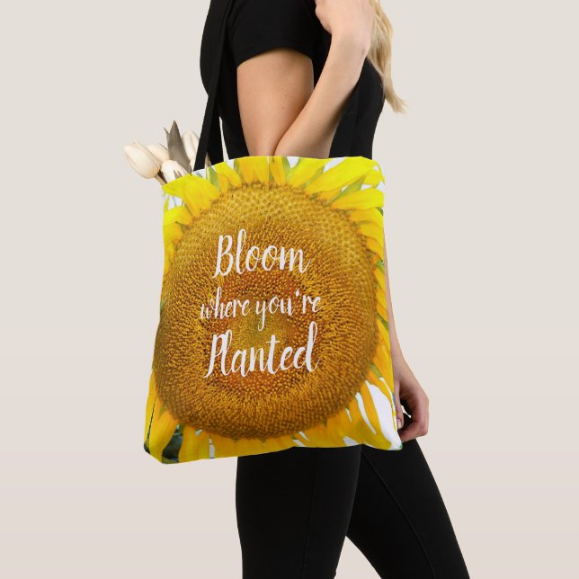 Bloom Where You're Planted Yellow Sunflower Tote Bag (Close Up)