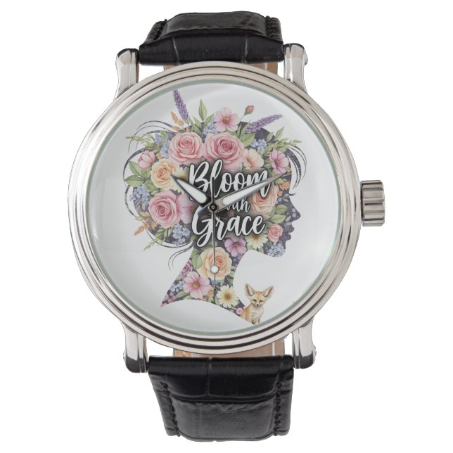 Bloom with Grace Floral Inspirational Quote Design Watch (Front)