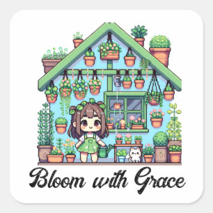 Bloom with Grace   Kawaii Girl with Plants Square Sticker