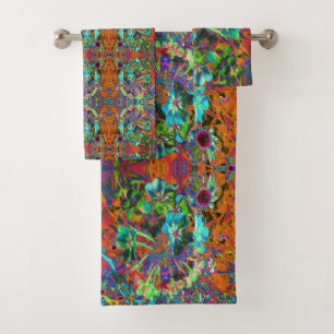 Blooming Abstract Blue and Lime Green Flower Bath Towel Set