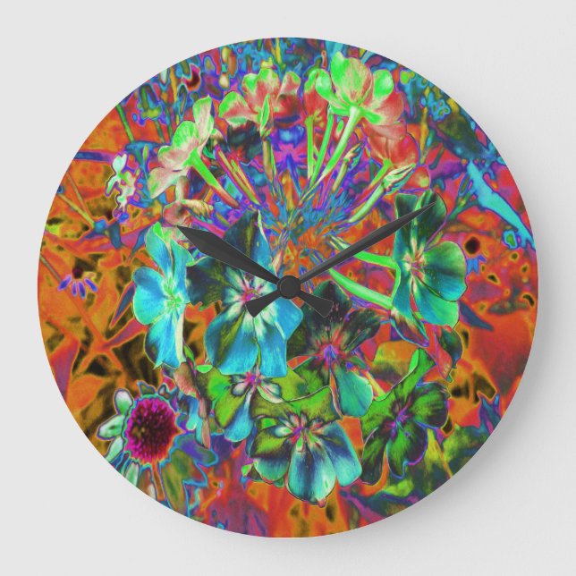 Blooming Abstract Blue and Lime Green Flower Large Clock (Front)