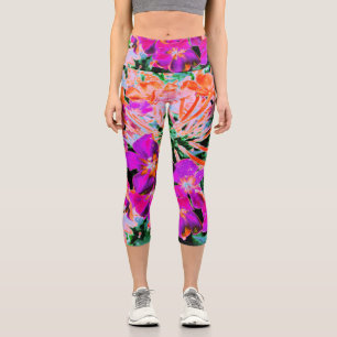 Blooming Abstract Magenta and Orange Flower Capri Leggings