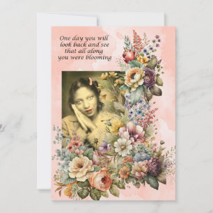 "Blooming all Along" quote pretty girl and flowers Thank You Card