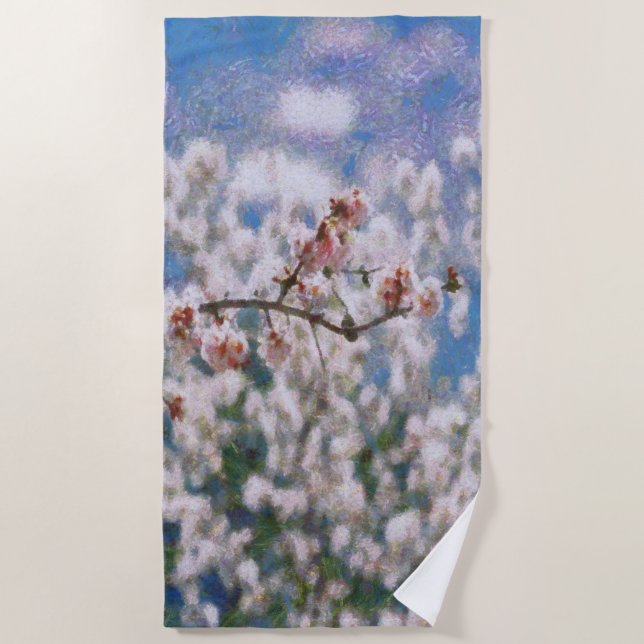 Blooming Almond Tree Pointillism Artwork Beach Towel (Front)