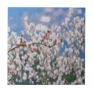 Blooming Almond Tree Pointillism Artwork Ceramic Tile