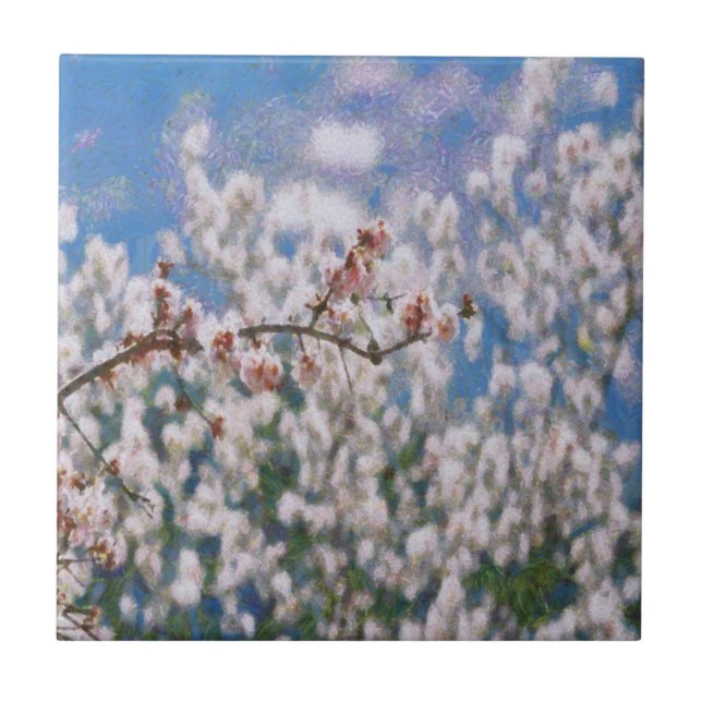 Blooming Almond Tree Pointillism Artwork Ceramic Tile (Front)