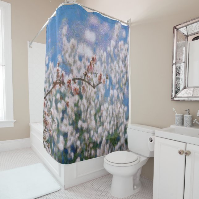 Blooming Almond Tree Pointillism Artwork Shower Curtain (In Situ)