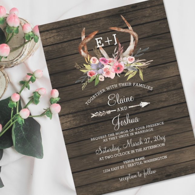 Blooming Antlers Country Chic Wedding Invitations (Creator Uploaded)