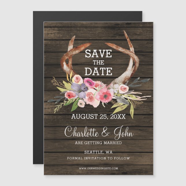 blooming antlers country save the date magnetic invitation (Front/Back)