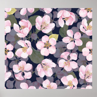 Blooming Apple: Dark Blue Watercolor Poster