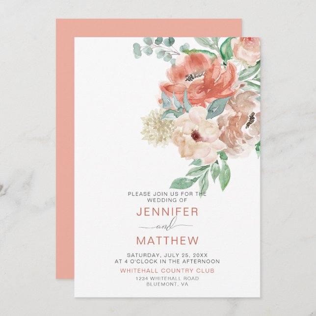 Blooming Apricot Floral Bouquet - Apricot Back | Invitation (Front/Back)