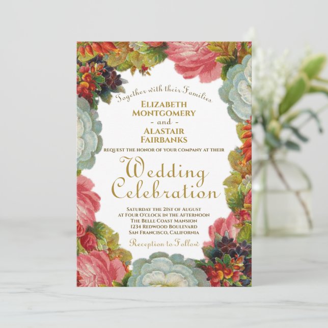 Blooming Autumn Victorian Fall Flowers Wedding Invitation (Standing Front)