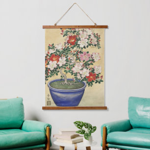 Blooming Azalea in Blue Pot Janpanese Flower Art Hanging Tapestry