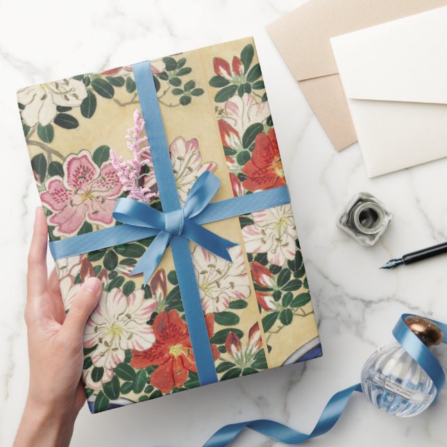 Blooming Azalea in Blue Pot Janpanese Flower Art Wrapping Paper (Gifting)