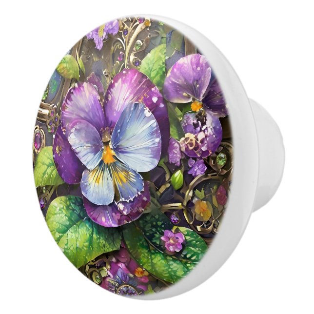 Blooming Birds Foot Violets Wildflowers Easter Egg Ceramic Knob (Right)