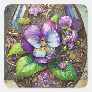 Blooming Birds Foot Violets Wildflowers Easter Egg Square Sticker