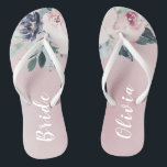 Blooming botanical blush floral Personalised bride Thongs<br><div class="desc">Watercolor botanical floral and greenery in blush pink and navy,   elegant and romantic,   great personalised gifts for bride</div>