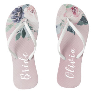 Blooming botanical blush floral Personalised bride Thongs