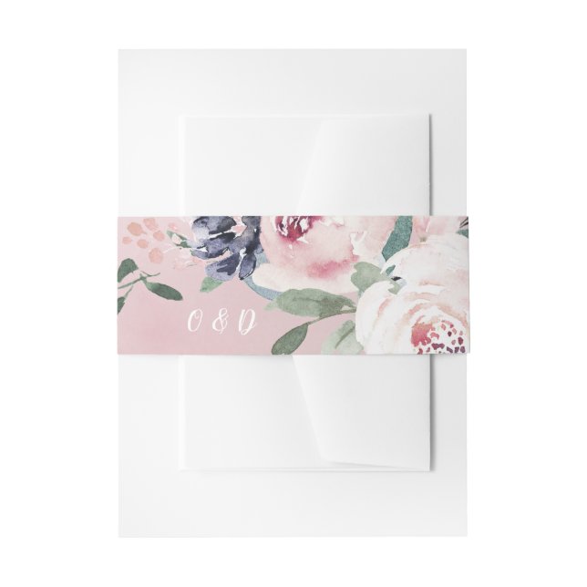 Blooming botanical blush floral wedding monogram invitation belly band (Front Example)