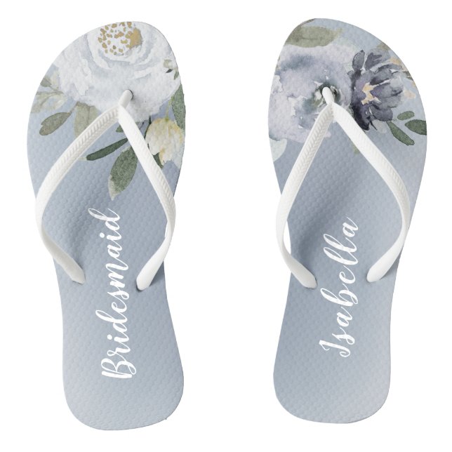 Blooming botanical dusty blue floral bridesmaid thongs (Footbed)